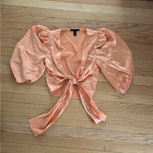 Forever 21 Orange Puff Sleeve Tie-Front Top